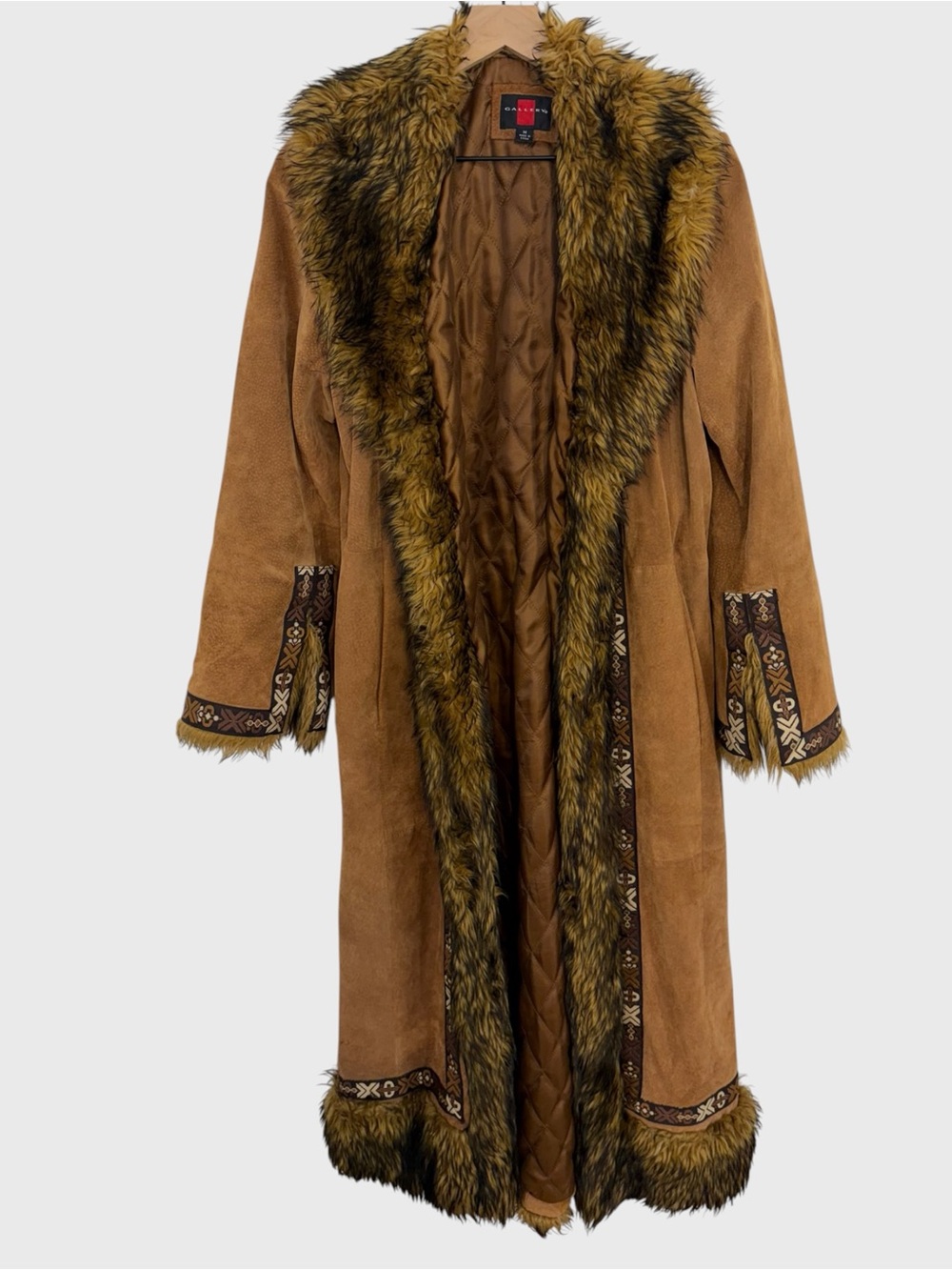 Vintage Tan Suede Leather Faux Fur Trim Long Penny Lane Coat Size Medium